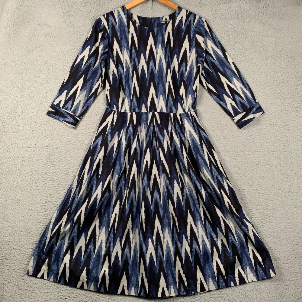 Samantha Sung Dress Womens Size 6 Blue Ikat Chevron A-Line 3/4 Sleeve Midi